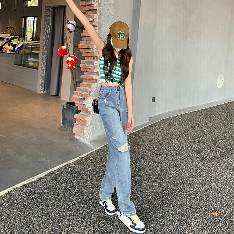 デニムパンツ ダメージ ハイウエスト ワイドパンツ ジーンズ