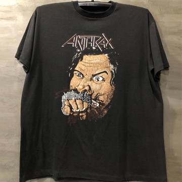 Anthrax炭疽樂隊嘻哈風搖滾短袖復古印花小領口純棉寬松潮流Tee恤