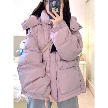 大碼胖mm韓系加厚連帽羽絨棉服女2024新款紫色高級感寬松減齡外套