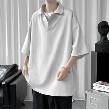 polo衫短袖上衣男寬松夏季排扣t恤設計感小眾中袖半拉鏈衣服