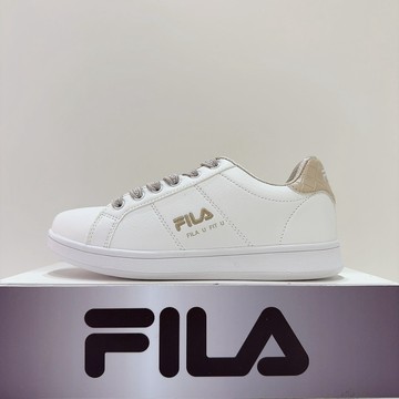 FILA 女生  白色 奶茶色 皮革 LOGO鞋帶 舒適 網球鞋 運動 休閒鞋 小白鞋 5-C923Z-177