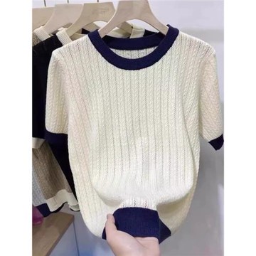 冰絲針織短袖T恤女早秋高端歐貨設計感撞色麻花鏤空大碼寬松上衣