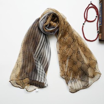 秋冬新款女士時尚優雅黃色條紋真絲絲巾薄款柔軟透氣蠶絲圍巾