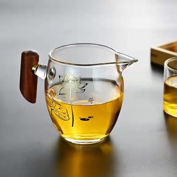 全度木把公道杯玻璃日式茶海耐熱公杯茶漏加厚分茶器茶具過濾杯