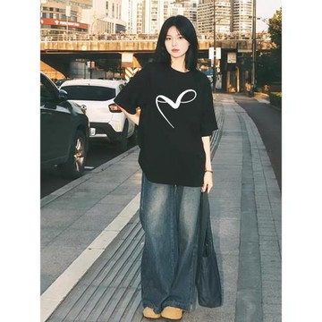 黑色純棉短袖t恤女夏季2025新款設計感小眾美式寬松體恤半袖上衣