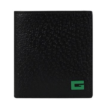 GUCCI 739365 質感G LOGO皮革對開6卡短夾.黑/綠