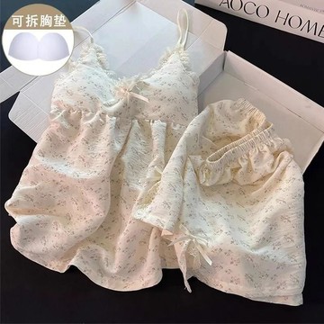 ✨台灣出貨✨云朵棉帶胸墊睡衣女夏季吊帶短褲韓系碎花蝴蝶結水墨畫家居服套裝