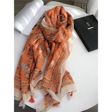 紗巾橙色棉麻圍巾女春秋薄披肩兩用民族風絲巾碎花海邊防曬沙灘巾