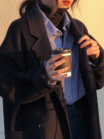 藍色條紋襯衫女疊穿設計感小眾春秋長袖上衣早秋港味韓系初秋襯衣