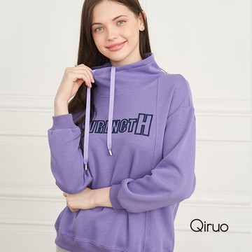 【Qiruo 奇若名品】秋冬專櫃紫色長袖立領棉質休閒T(胸前英文字母設計厚磅長袖立領棉上衣 2083A)