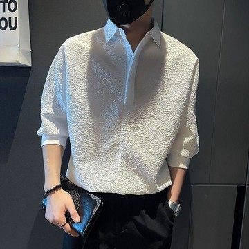 痞帥少年~夏季短袖男士襯衫潮牌痞帥氣七分袖寸衫潮流休閒男裝上衣中袖襯衣 寬鬆 帥氣上衣 襯衣男 男生百搭襯衫 版型襯衣