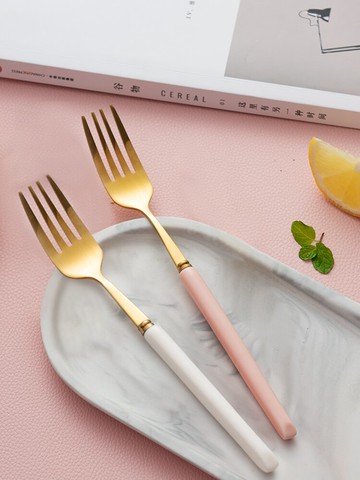 家用不銹鋼叉子主餐叉西餐叉子陶瓷炳意面沙拉叉子吃面叉子牛排叉