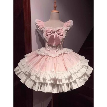 夏季新款設計甜心Lolita洋裝甜美蝴蝶結拼接收腰飛飛袖吊帶連衣裙