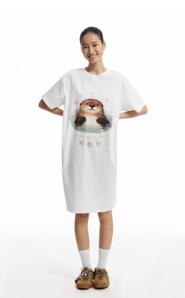 日系復古 水獺家園糯米質感長款T恤 寬鬆連身裙