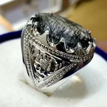 天然穆赫納傑夫純銀 925 手工男戒 金紅石水晶戒指