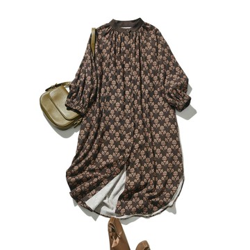 春日優雅圖案襯衫洋裝 棉混親膚 輕熟風格 棕色 250304-1