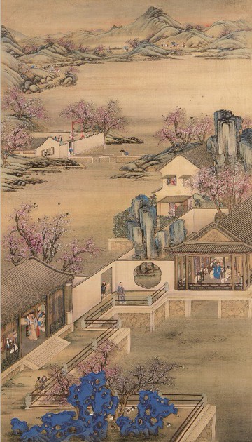 仿古畫名畫復制品清雍正十二月行樂圖之三月賞桃圖60-105厘米裝飾
