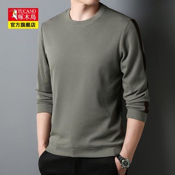 啄木鳥純棉長袖T恤男士春秋季新款寬松圓領百搭內搭打底衛衣男裝