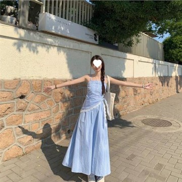 夏季未聞花名無袖法式優雅少女感藍色蛋糕裙擺簡約溫柔風連衣裙子