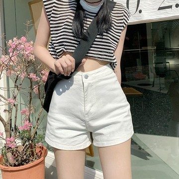 🐻‍牛仔短褲美式辣妹女夏高腰緊身彈力包臀顯瘦白色性感百搭超短熱褲