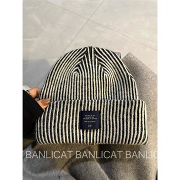 Banlicat秋冬保暖新品加厚雙層條紋毛線帽子男女款顯臉小冷帽大頭