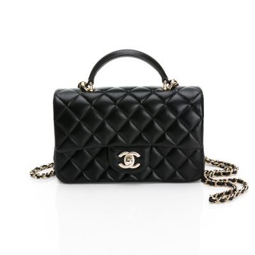 CHANEL 香奈兒 Mini Flap with Top Handle (細紋/較小/提把/金黑雙色鏈帶)