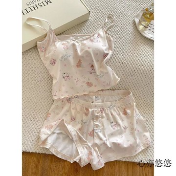 💗臺灣出貨💗夏季吊带睡衣带胸垫2026新款少女卡通印花吊带睡衣套装家居...