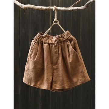 琴川谷 亞麻A字版型顯瘦百搭棉麻短褲女休閑純色寬松大碼夏闊腿褲