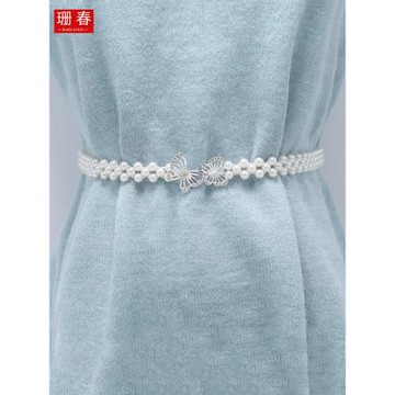 法式珍珠腰鏈衣服配飾收腰帶女裝飾扣配大衣裙子高端古風白色腰封