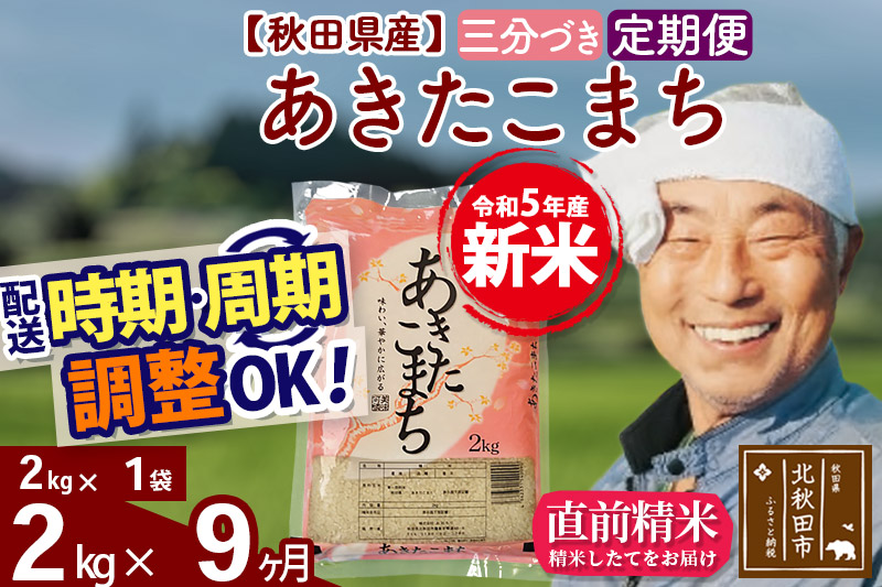 《定期便9ヶ月》＜新米＞秋田県産 あきたこまち 2kg(2kg小分け袋) 令和5年産 配送時期選べる 隔月お届けOK お米 おおもり|oomr-50109