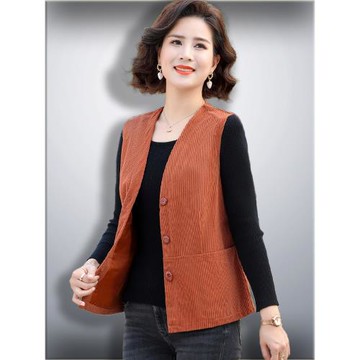 洋氣燈芯絨V領春秋裝馬甲背心中老年女寬松外穿坎肩休閑外套上衣