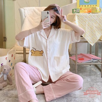 睡衣女短袖夏季日系甜美簡約ins時尚休閑舒適可愛長褲家居服套裝