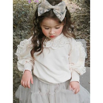 女童套頭衛衣春秋2025新款韓國中小童女孩花邊寬松純色長袖上衣