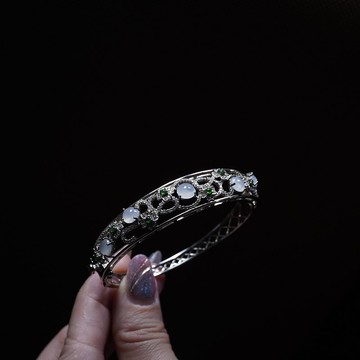 冰種翡翠蛋面設計款手環 925純銀 | 天然緬甸玉翡翠A貨 | 送禮