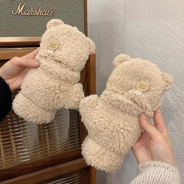 毛絨手套女冬天ins可愛小熊翻蓋露指日系學生寫字加絨加厚保暖潮