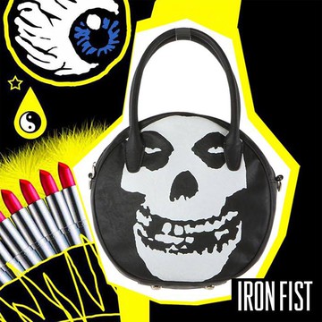MODACore 摩達客 - 美國Iron Fist鐵拳搖滾Misfits圓餅造型大骷髏臉斜背包單肩包側背包 (黑)