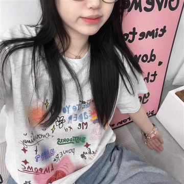 T恤 可愛手繪寬鬆五分袖T恤ODD1117-創翊韓都