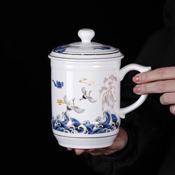 德化白瓷茶杯辦公室會議馬克杯家用隨手杯帶蓋水杯薄款個人杯大號