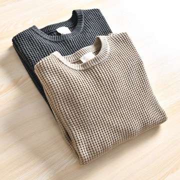 復古工裝風！外貿男裝工廠秋冬柔軟親膚厚實華夫格圓領針織毛衣潮