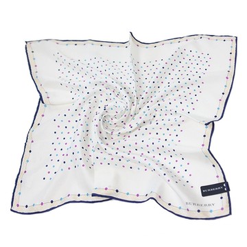 BURBERRY 巴寶莉  繽紛彩點品牌字母LOGO圖騰蠶絲混棉大帕領巾(象牙白/藍邊/58CM)