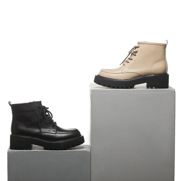 小時光 潮流方頭綁帶鋸齒厚底短靴 黑 (7B3101)