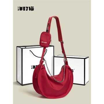 洋叮貓紅色包包女士2025新款秋冬百搭通勤大容量單肩斜挎包餃子包