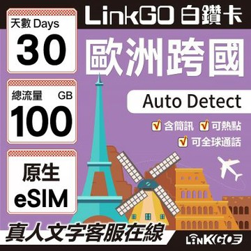 LinkGO白鑽卡 歐洲跨國原生eSIM 30天 總流量100GB 4G/5G 附門號 歐盟地區及歐洲多國無限通話+120分鐘全球通話+簡訊1000則 歐洲 可分享熱點 虛擬卡