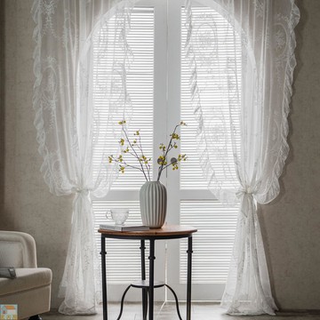 復古透光蕾絲紗簾荷葉邊陽臺飄窗白沙隔斷波浪田園窗簾