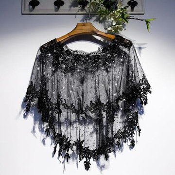 女外套薄款新款套頭蕾絲披肩前短后長黑色小外套時尚短款坎肩斗篷