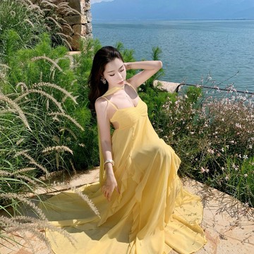 【夏天Summer】🔥實拍阿佛洛狄忒海邊度假神女希臘感吊帶雪紡連衣裙2色