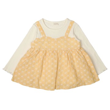 akachan honpo - 長袖假兩件T恤 褶皺織-刺繡-黃色