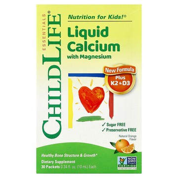ChildLife Essentials, 液體鈣鎂加 K2 和 D3，天然橙味，30 包，0.34 液量盎司（10 毫升）