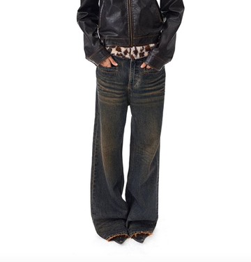 日系復古 豹紋拼接牛仔褲