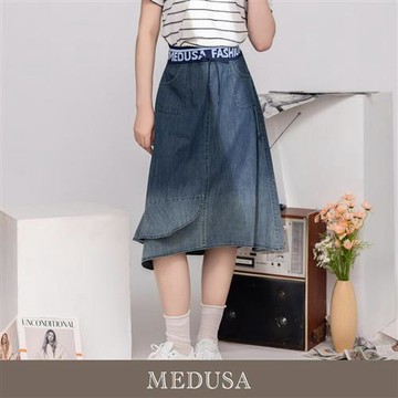 現貨【MEDUSA 曼度莎】字母腰帶不規則牛仔中長裙（M-XL）｜牛仔裙 中長裙 休閒穿搭